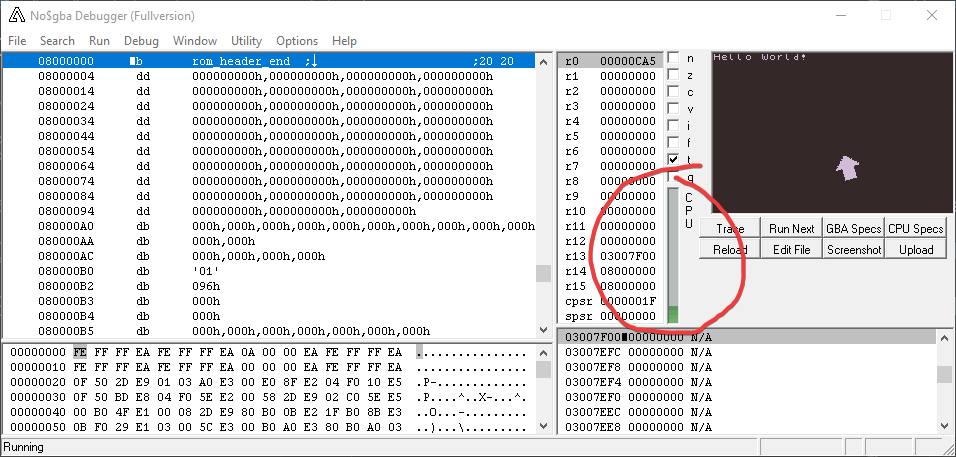 A screenshot of no$gba, showing a super high CPU usage.