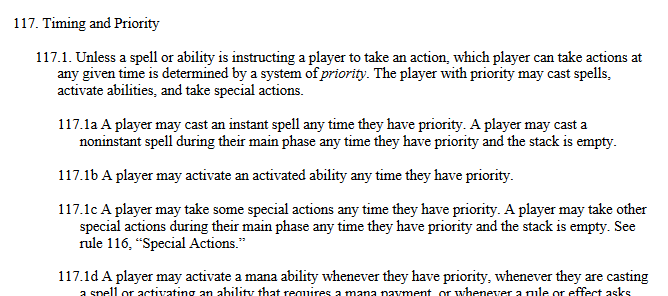 A screenshot of the MTG comp rules on timing and priority.