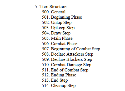 A screenshot of the table of contents for section 5 of the MTG comprehensive rules.